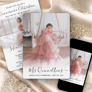 2 Foto Quinceanera Elegant Script 15. Geburtstag Einladung