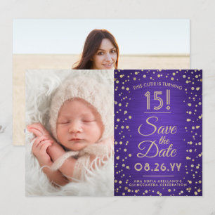 2 Foto Quinceanera Elegantes Lila Gold Glitzer Save The Date
