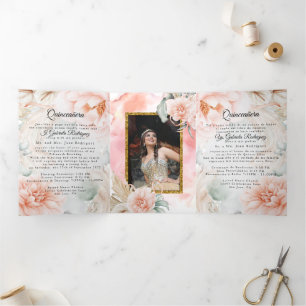 2 Foto Quinceañera Englisch Spanisch Korallenrose Dreifach Gefaltete Einladung