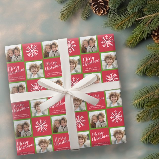 2 Foto - Red Green Frohe Weihnachtsschneeflocken Geschenkpapier (Personalized wrapping paper with 2 photos)