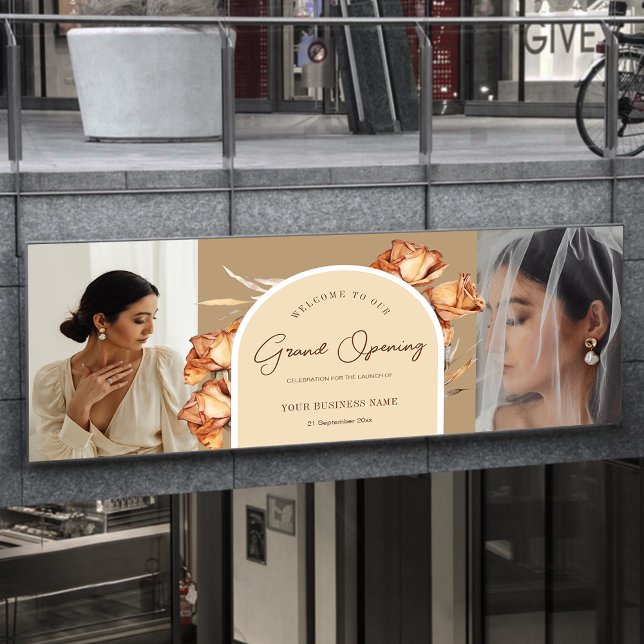 2 Foto Retro Arch Blume Business Grand Opening Banner (2 Photo Retro Arch Flower Business Grand Opening Banner)