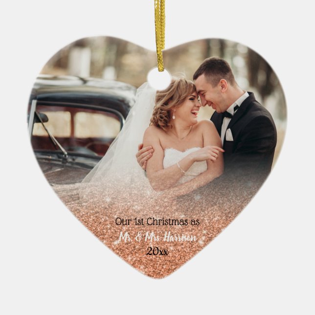 2 Foto Rose Gold Erste Weihnachtsfeier Keramik Ornament (Vorne)