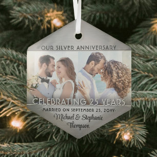 2 Foto Silver 25. Wedding Anniversary Keepake Ornament Aus Glas