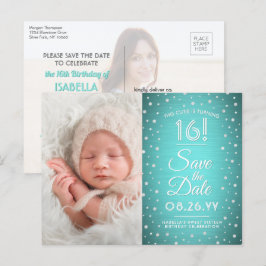2 Foto Sweet 16 Birthday Aquamarin Blue Save the D Einladungspostkarte