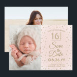 2 Foto Sweet 16 Birthday Blush Gold Save the Date<br><div class="desc">Mit dieser stilvollen 2-Foto-Rosa- und Goldeinladung Save the Date 3.5"x5" laden Sie Familie und Freunde zu einem Sweet 16. Fest für sie ein. (IMAGE PLACEMENT TIP: Eine einfache Möglichkeit, ein Foto genau so zu zentrieren, wie Sie es gewollt haben, ist es, es einzuschneiden, bevor Sie es auf die Zazzle-Website hochladen.)...</div>
