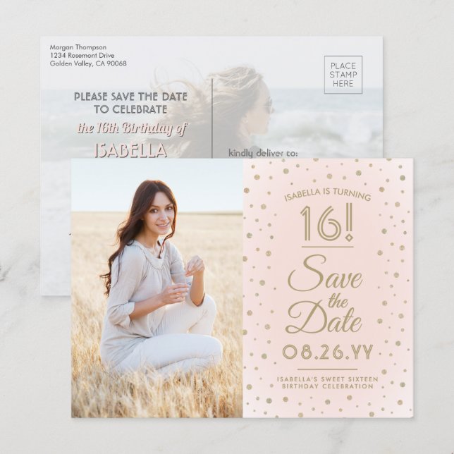 2 Foto Sweet 16 Birthday Save the Date Blush Gold Einladungspostkarte (Vorne/Hinten)