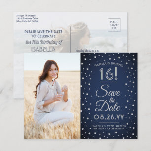 2 Foto Sweet 16 Birthday Save the Date Navy Blue Einladungspostkarte