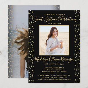 2 Foto Sweet 16 Moderner Black and Gold Glitzer Einladung