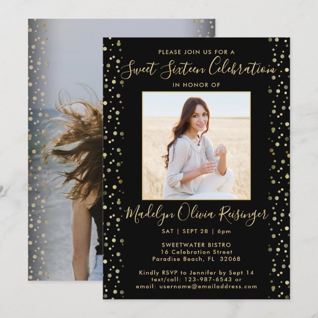 2 Foto Sweet 16 Moderner Black and Gold Glitzer Einladung (Vorne/Hinten)