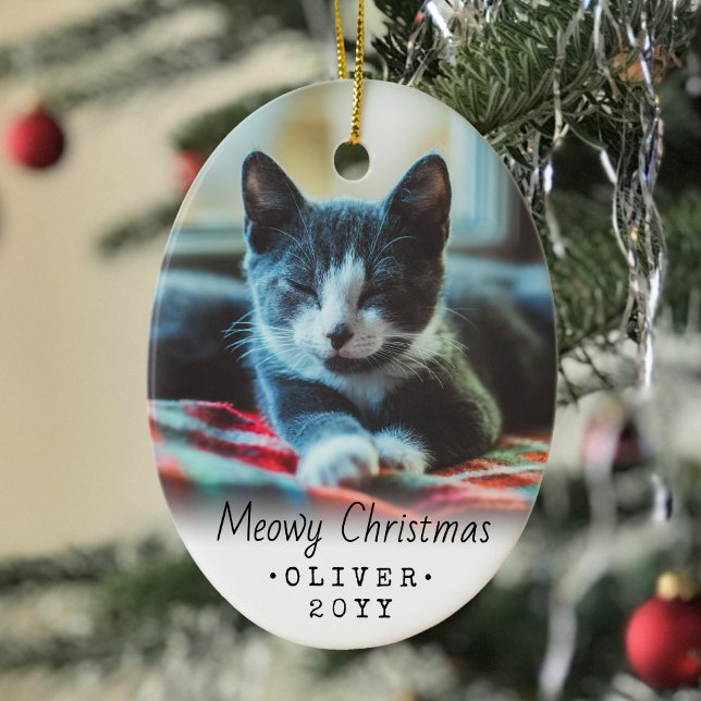 2 Foto Text Meowa Weihnachtskatze Einfach Weiß Keramik Ornament (Von Creator hochgeladen)