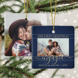 2-Foto-Verlobung Erste Weihnachtsnachtsnacht Blue  Keramikornament