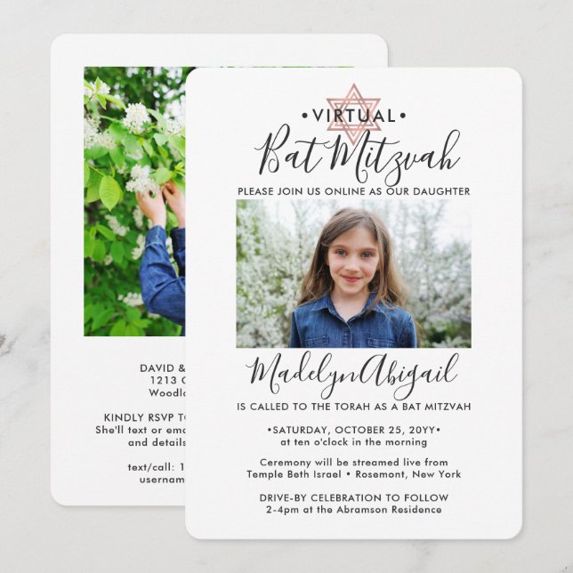 2 Foto Virtual Bat Mitzvah Modernes Rosa Gold Einladung (Vorne/Hinten)