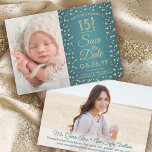 2 Foto von Quinceanera Elegant Teal Blue Gold Glit Save The Date<br><div class="desc">Time Flies! Gast bei family and friends to an elegant Quinceañera celebration for her with this stylish 2 foto teal blue and soft gold 3.5"x5" save the date einladung. (IMAGE PLACEMENT TIP: An easy way to center a foto exly how you want is to crop it before uploading to the...</div>