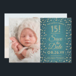 2 Foto von Quinceanera Elegant Teal Blue Gold Glit Save The Date<br><div class="desc">Time Flies! Gast bei family and friends to an elegant Quinceañera celebration for her with this stylish 2 foto teal blue and soft gold 3.5"x5" save the date einladung. (IMAGE PLACEMENT TIP: An easy way to center a foto exly how you want is to crop it before uploading to the...</div>