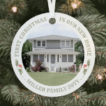 2 Foto Watercolor Holly Neue Zuhause Weihnachten Ornament Aus Metall<br><div class="desc">Feiern Sie die Freude an Ihrem neuen Ort mit einem maßgeschneiderten 2-Foto "Erste Weihnachten in unserer neuen Zuhause" Wasserfarbe heilige runde Metall-Ornament. Aufnahme und Bilder auf dieser Vorlage sind einfach zu personalisieren, und können auf Vorder- und Rückseite unterschiedlich oder gleich sein. (IMAGE & TEXT DESIGN TIPS: 1) Um die Position...</div>