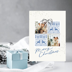 2-Foto-Weihnachtskarte Nordische Strickmuster Silb Einladung
