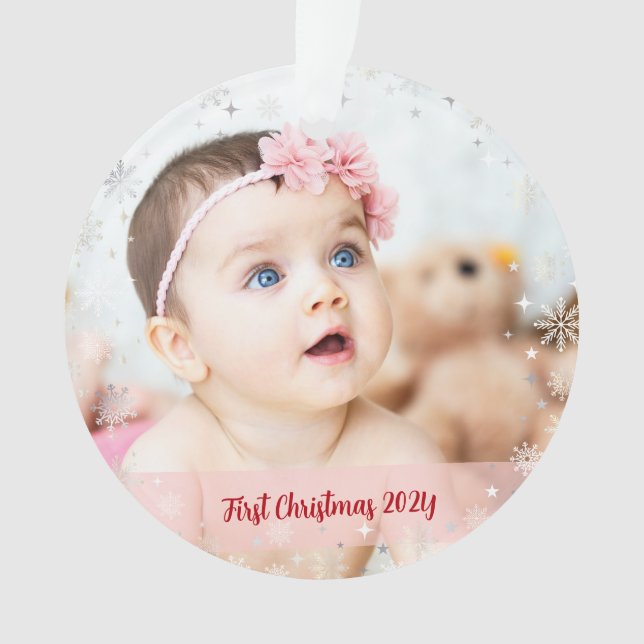 2 Fotos Elegante First Christmas Schneeflocken Ornament (Vorderseite)