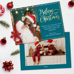 2 Fotos glauben an die Weihnachtsmagie Folien Feiertagskarte<br><div class="desc">Moderne Urlaubskarte mit einem Ihrer Lieblingssendungen der Weihnachtsfamilie auf dem verlassen, ergänzt durch einen echten Goldfolienrahmen und eine Formulierung, die auf der rechten Seite "Glaube an den Zauber der Weihnachtszeit" auf einem eleganten blauen Hintergrund steht, die mit deiner eigenen Begrüßungsbotschaft anpassbar ist. Sie können ein weiteres Bild auf der Rückseite...</div>