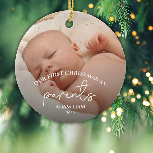 2 Fotos Gold Glitzer Erste Eltern 1. Weihnachten Keramik Ornament (Von Creator hochgeladen)