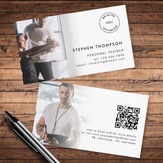 2 Fotos Logo QR Code Personal Trainer Visitenkarte (Front and back view)