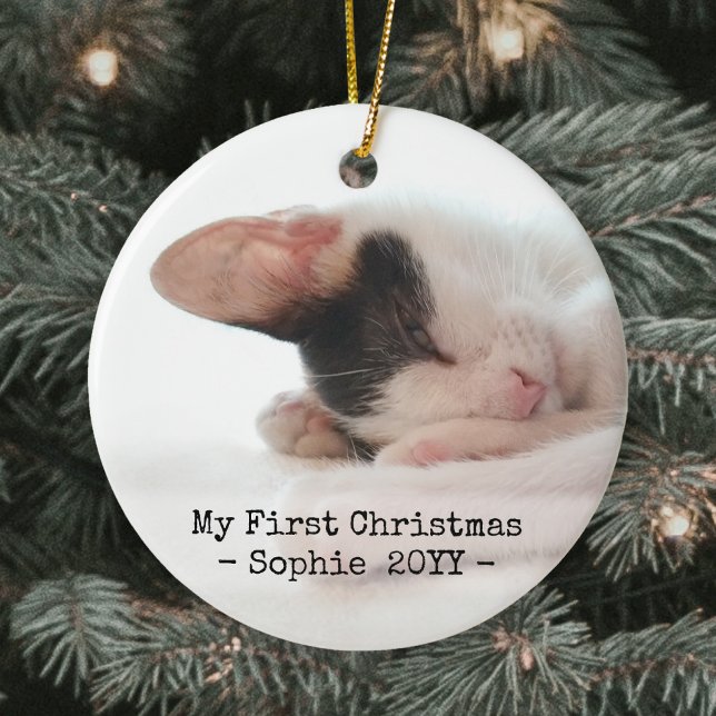2 Fotos mein 1. Weihnachten Einfach Schwarz & Weiß Keramik Ornament (Von Creator hochgeladen)