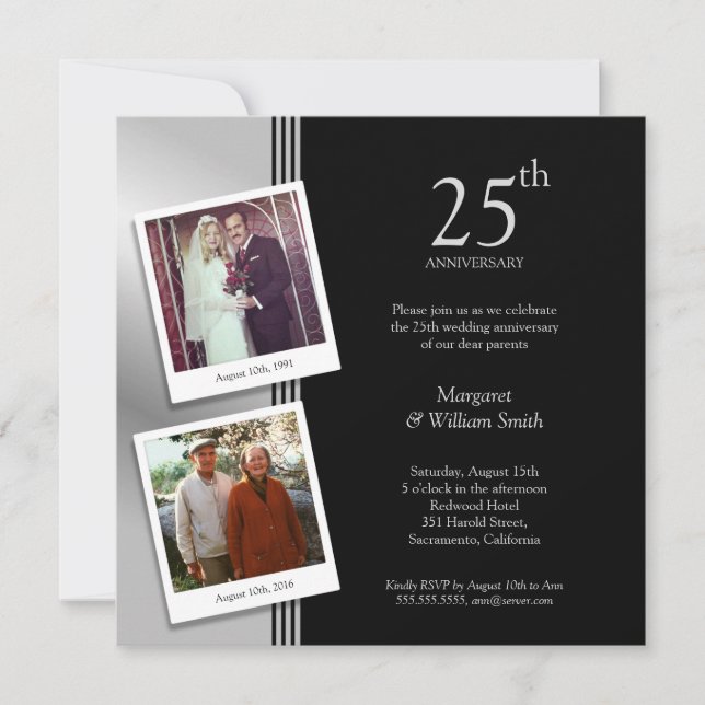 2 Fotos Silber 25. Hochzeitstag Party Einladung (Vorderseite)