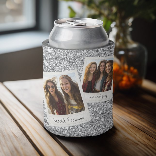 2 Fotos - Silver Glitzer Square FotoCollage Dosenkühler (Personalized can cooler with 2 photos and custom text)