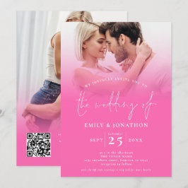2 Fotos überlagern Skript QR Code Hot Pink Wedding Einladung