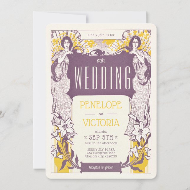 2 Frauen und Lilies Letterpress Style Wedding Einladung (Vorderseite)