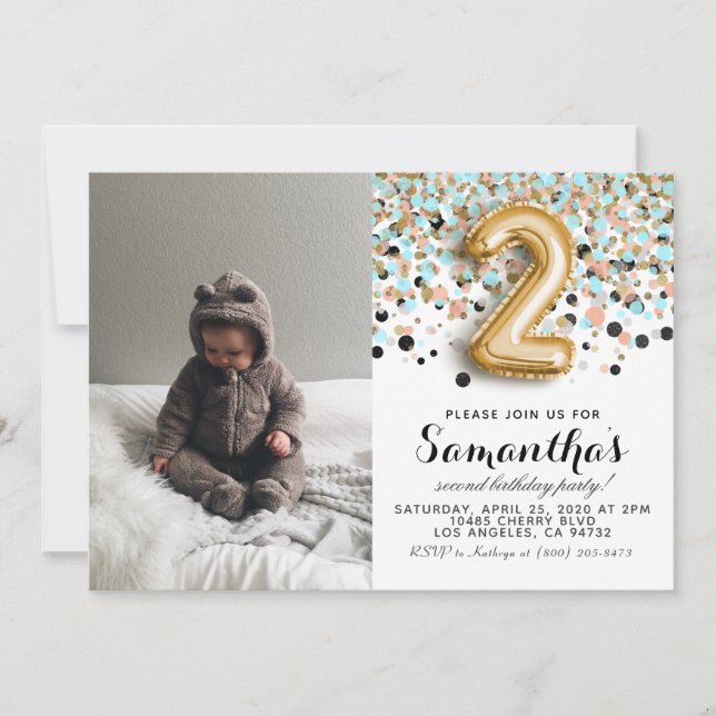 2. Geburtstag Confetti Portrait Einladung (Vorderseite)