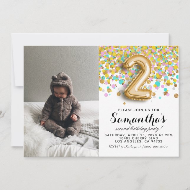 2. Geburtstag Confetti Portrait Einladung (Vorderseite)