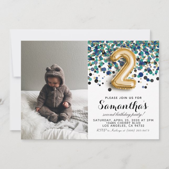 2. Geburtstag Confetti Portrait Einladung (Vorderseite)