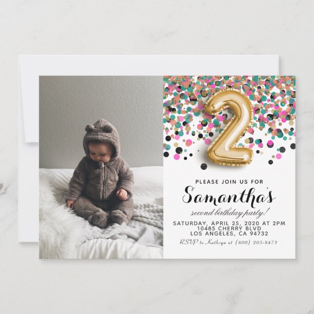 2. Geburtstag Confetti Portrait Einladung (Vorderseite)