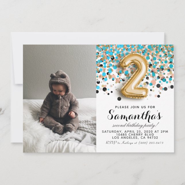 2. Geburtstag Confetti Portrait Einladung (Vorderseite)