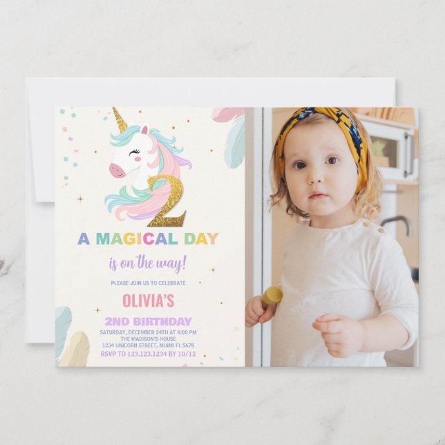 2. Geburtstag Einhorn Geburtstag Einladungen mit F (Vorderseite)