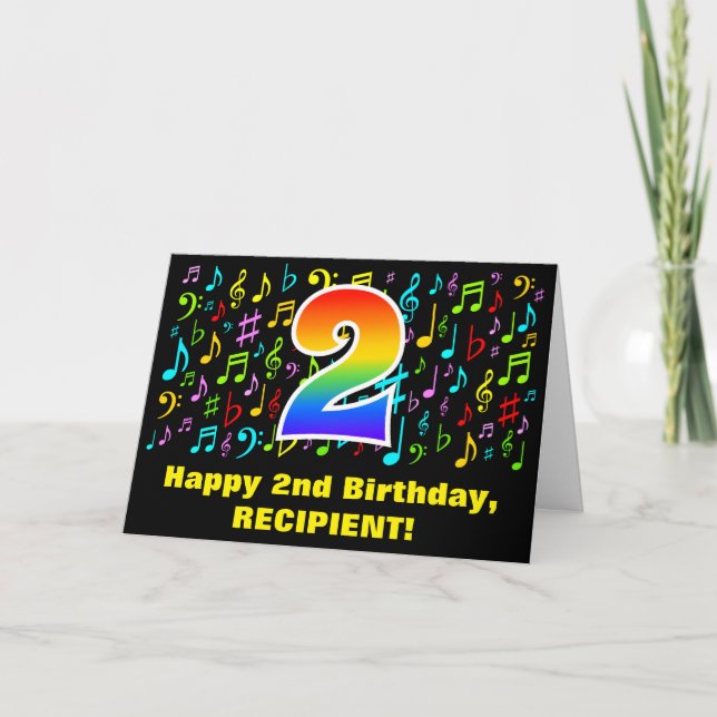 2. Geburtstag - Farbige Musiksymbole & Regenbogen  Karte (Vorderseite)