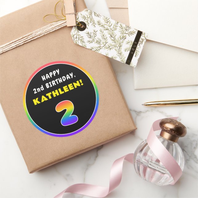 2. Geburtstag: Farbiger Regenbogen # 2, Individuel Runder Aufkleber (Schenken)