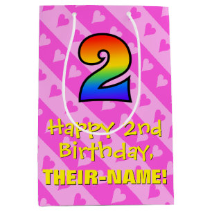 2. Geburtstag: Fun Pink Hearpes Stripes & Rainbow  Mittlere Geschenktüte