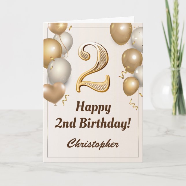 2. Geburtstag Gold Balloons und Confetti Geburtsta Karte (Vorderseite)