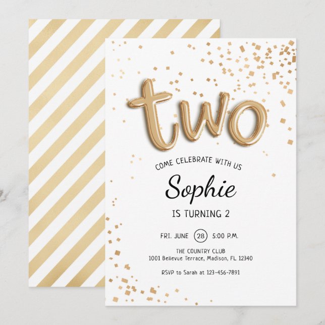 2. Geburtstag - Gold White Einladung (Vorne/Hinten)