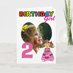 2. Geburtstag Mädchen braune Haare Prinzessin Foto Karte