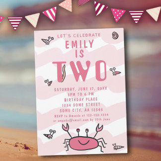 2. Geburtstag Pink Crab Sea Animals Girl Einladung