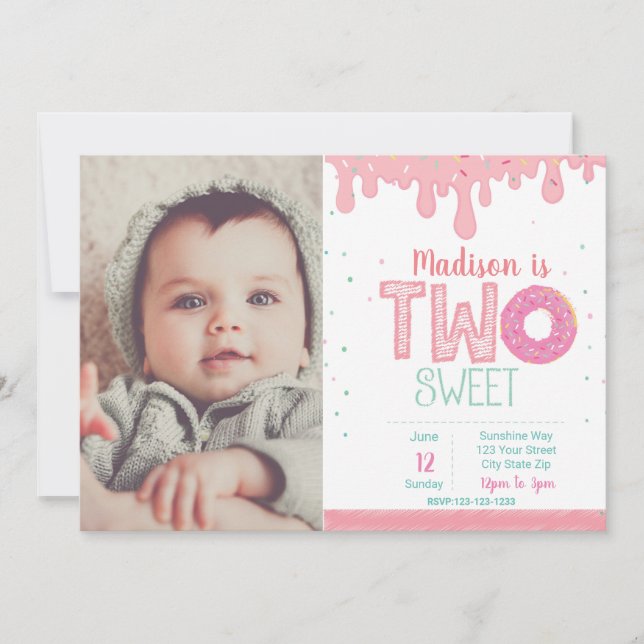 2. Geburtstag Rosa Donut Einladung mit Bild (Vorderseite)