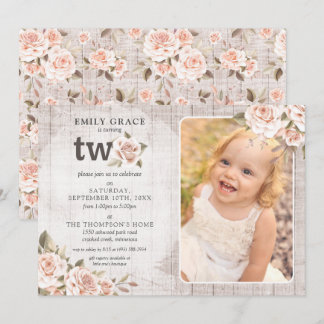 2. Geburtstag Rustic Wood Shabby Chic Rose Foto Einladung