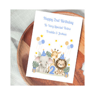 2. Geburtstag Safari-Tiere Zwillingsjungen Karte