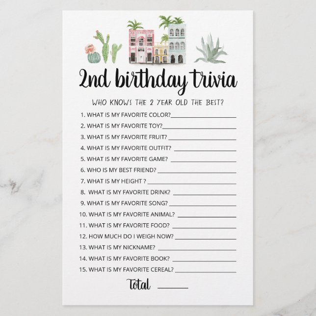 2. Geburtstag Trivia editierbares Spiel (Vorderseite)