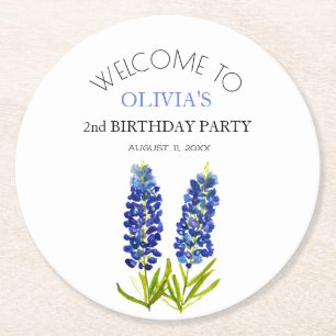 2. Geburtstagsfeier Bluebonnets Blumen Baby Mädche Runder Pappuntersetzer