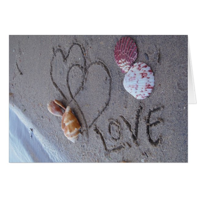 2 Herz im Sand mit Muscheln mit Liebe (Vorderseite (Horizontal))