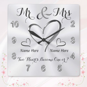2 Herzen werden Eins, Personalisierte Hochzeitsuhr Quadratische Wanduhr