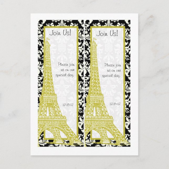 2 Hochzeit in Paris Black Damask Rett Date Lesezei Ankündigungspostkarte (Vorderseite)